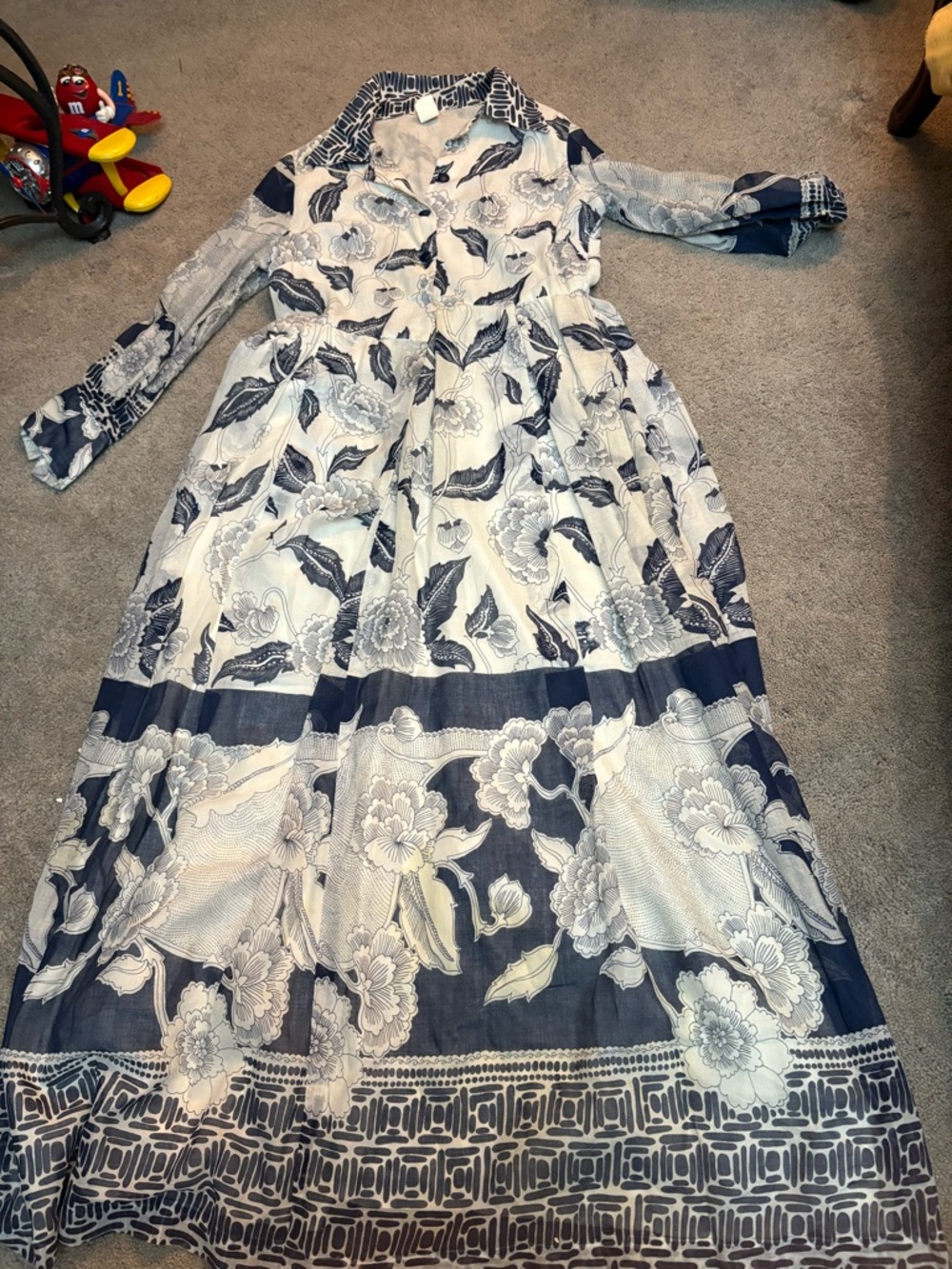 Floral Navy and White Maxi Dress with Collared Neck - Picture 1 of 4